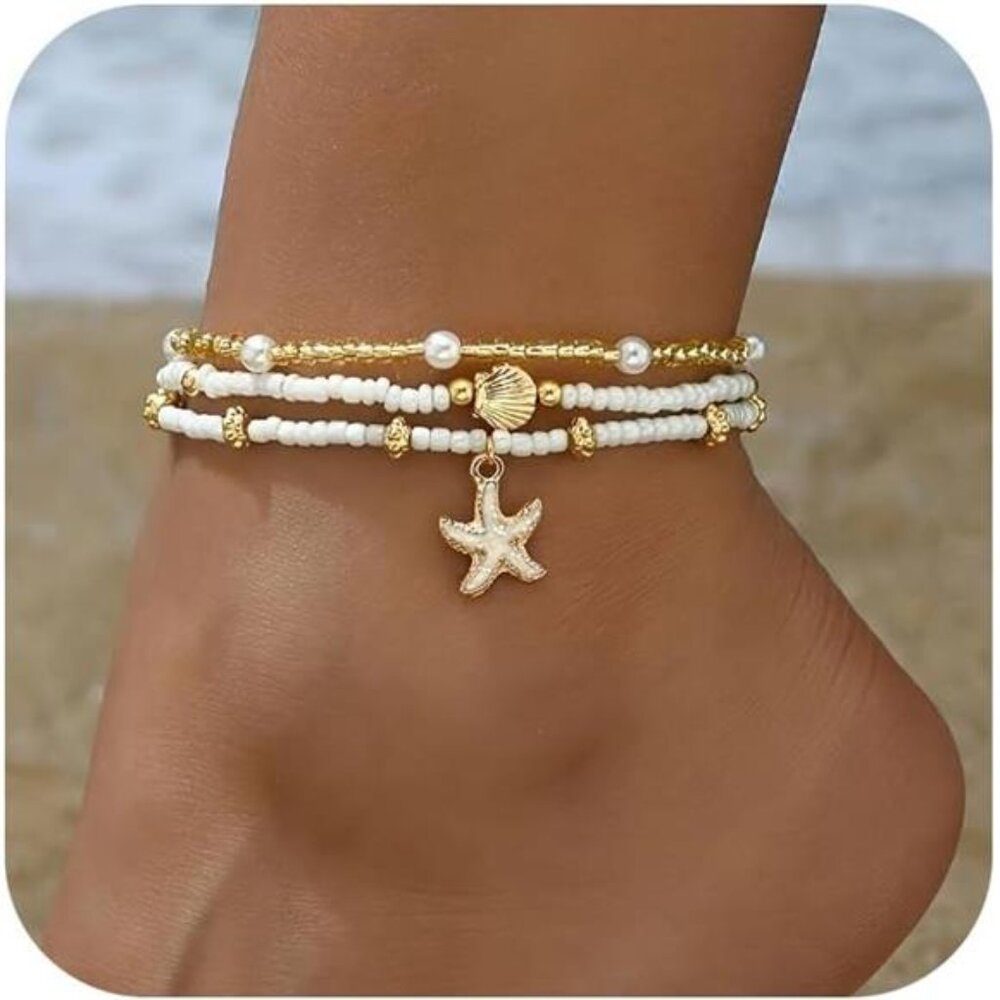 Bead Ankle Bracelets Set For Women, Adjustable Gold Boho Shell Anklet, Hawaiian